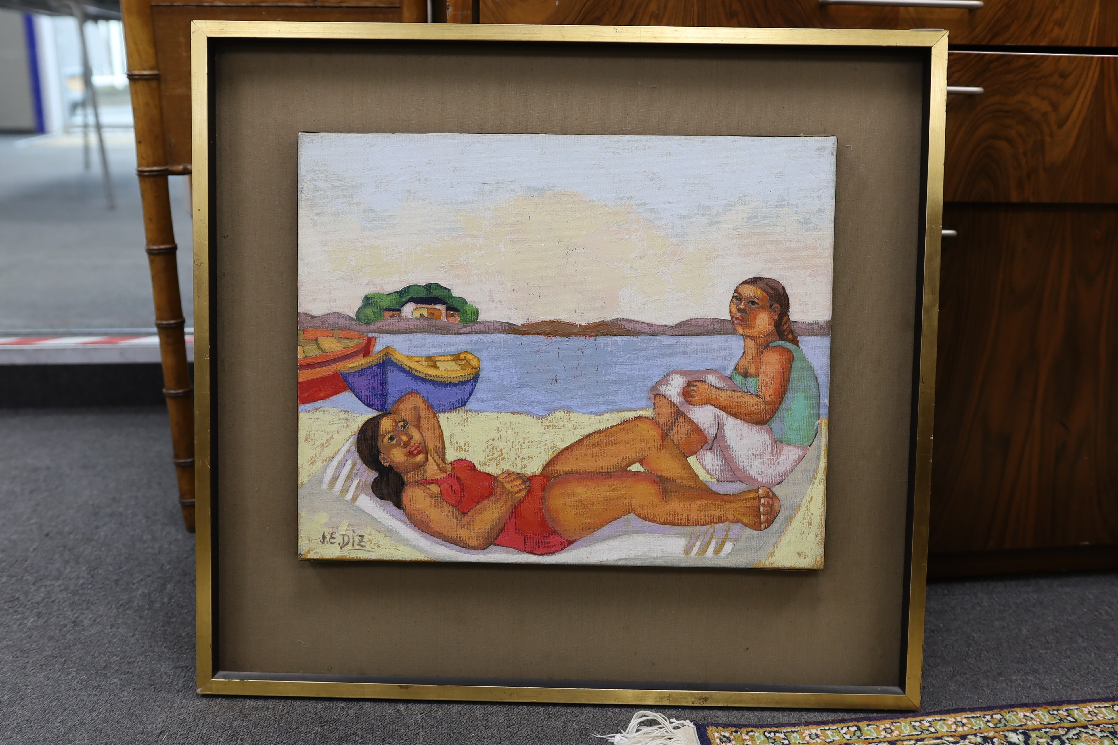 Juana Elena Diz (b.1925), oil on canvas, sunbathers, signed, 40 x 50cm